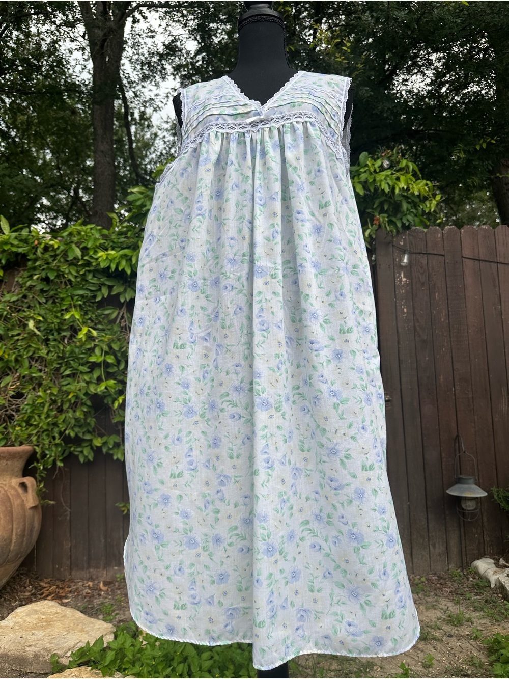 Vintage Carriage Court Classic Cotton Floral Nightgown in Light Blue and Green
